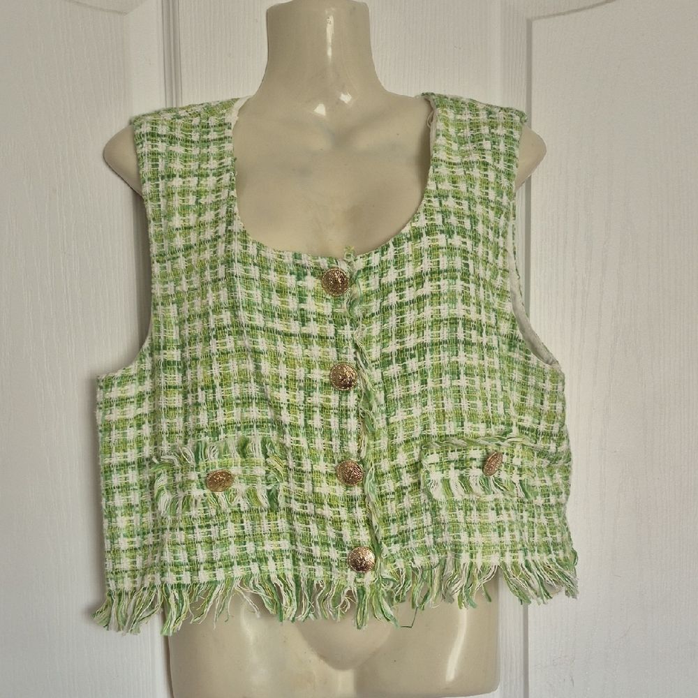 Zara Green and White Tweed Buttoned Blouse